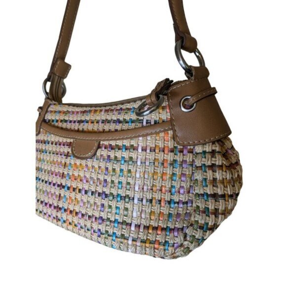 Fossil Woven Jute Shoulder Bag Purse Tan Multicolor Straw Basket Weave Leather - Picture 2 of 12